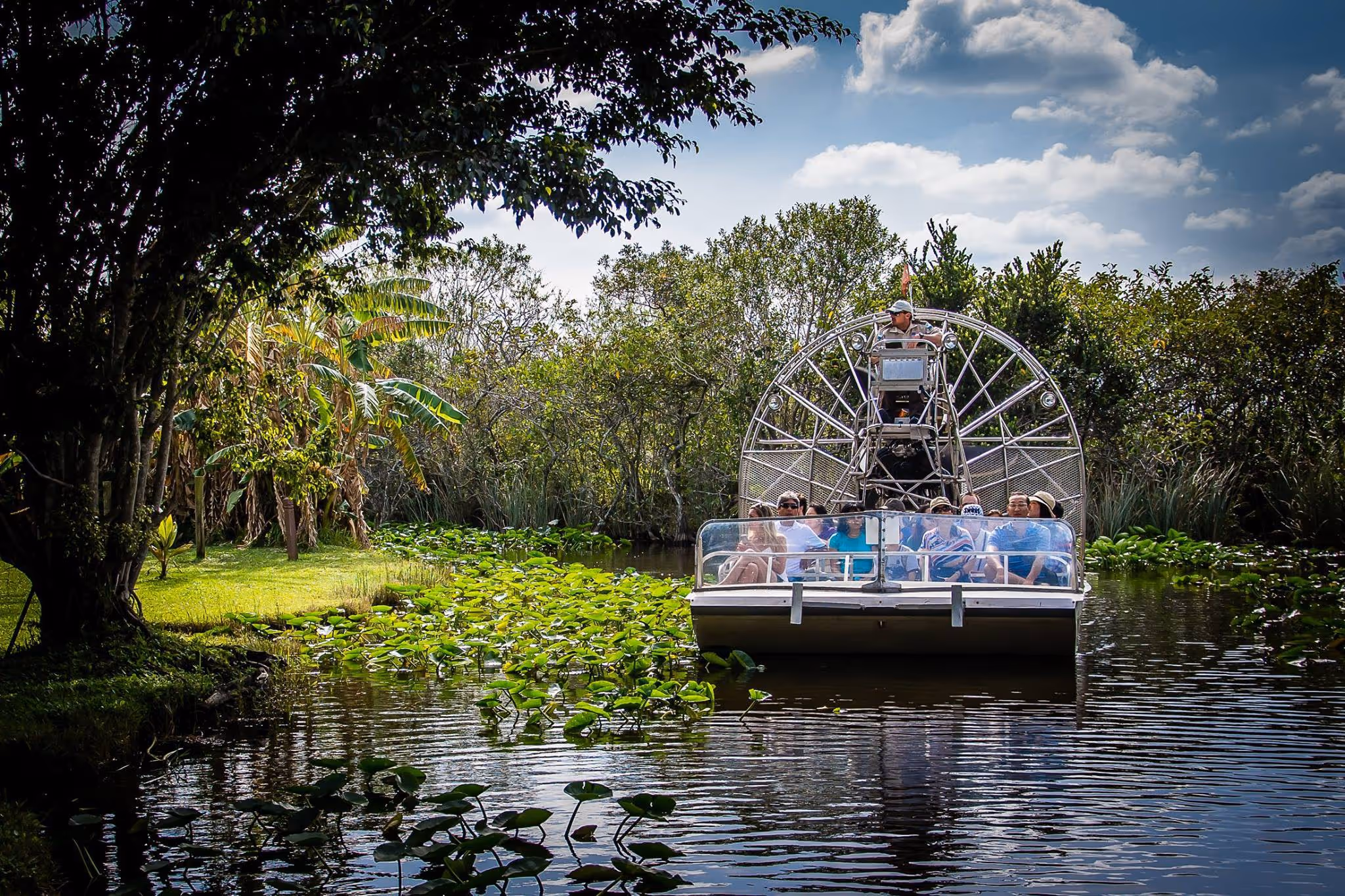 Taking an airboat ride on glassy water