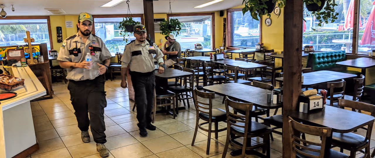 Wildlife experts inside the restaurant