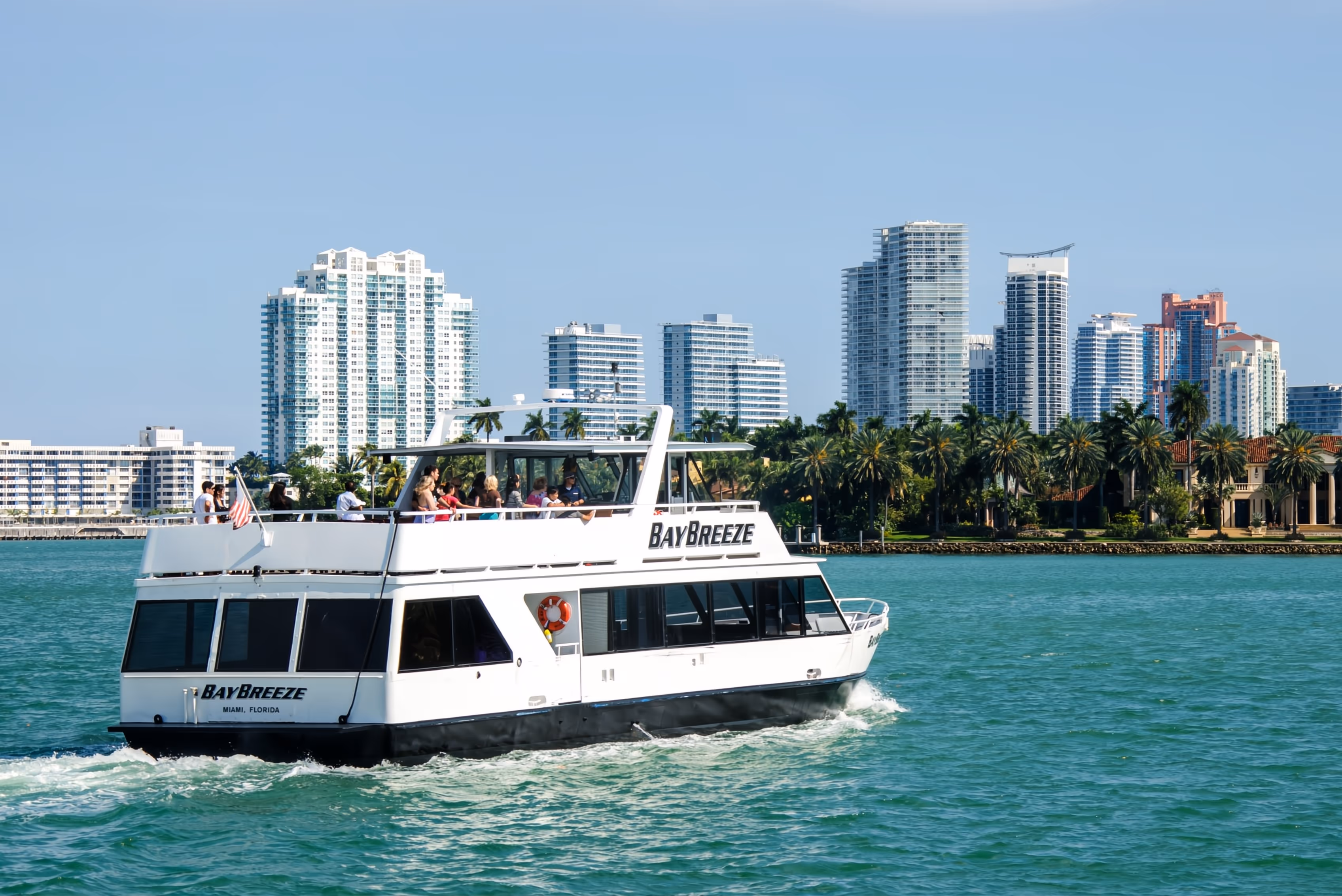 Tour boat in Biscayne Bay on a sunny day