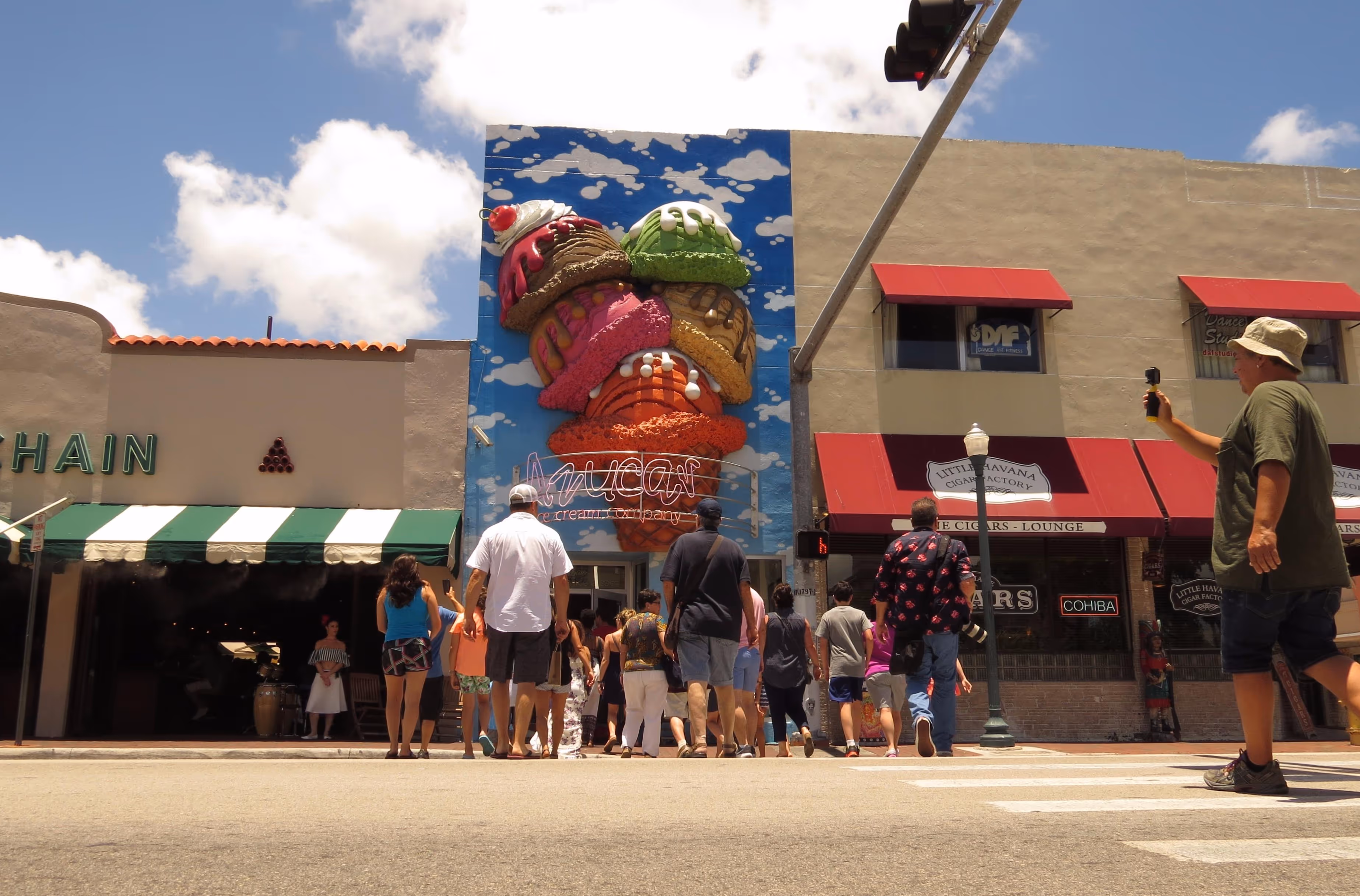 Group walking to Azucar Ice Cream parlor on Calle Ocho