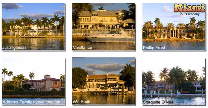 Six photos of celebrity homes: Will Smith, Adams Family, Shaquille O'Neal, Phillip Frost, Julio Iglesias, and Vanilla Ice