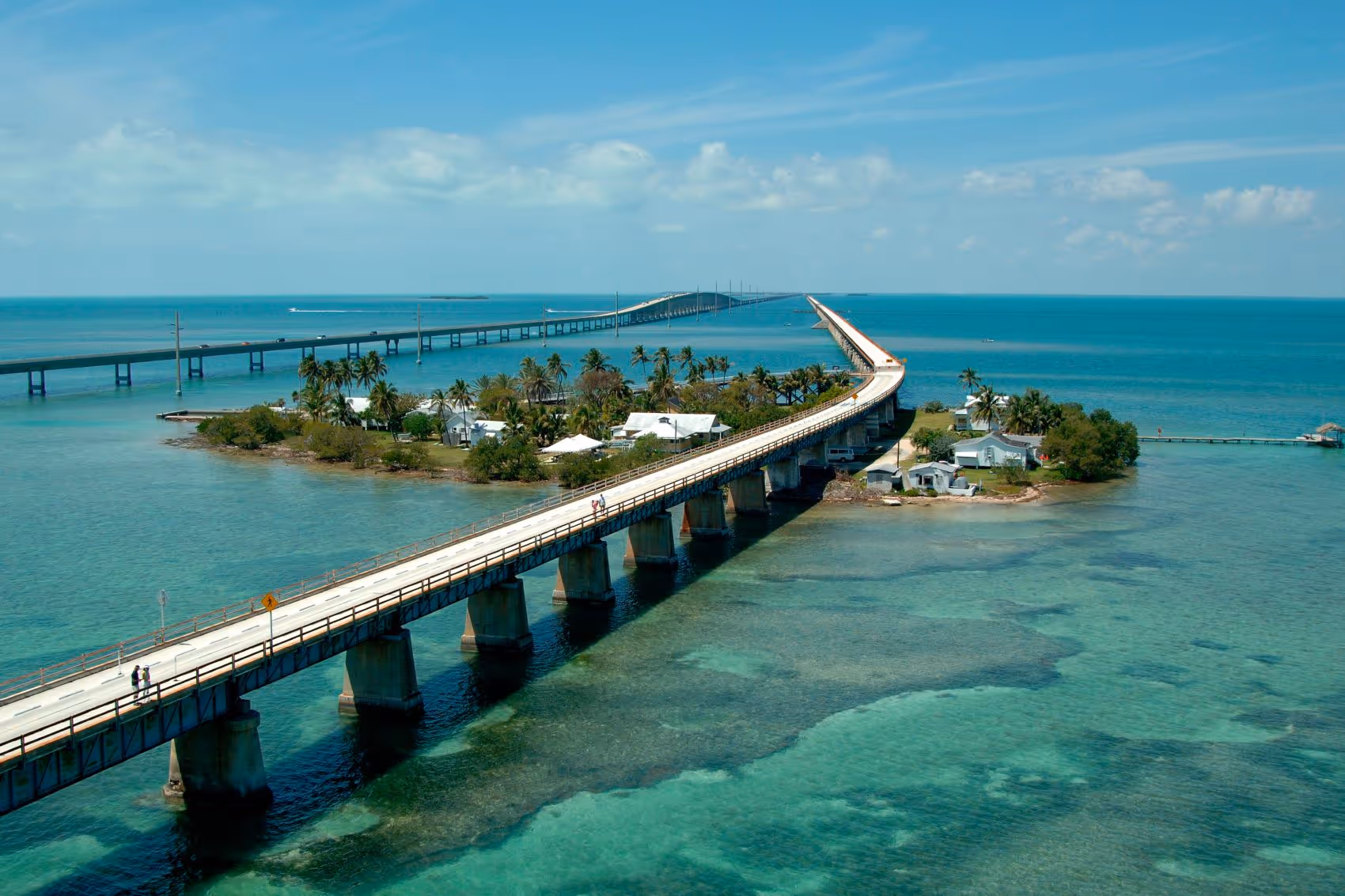 Ariel view of Seven Mile Bridge on a sunny day