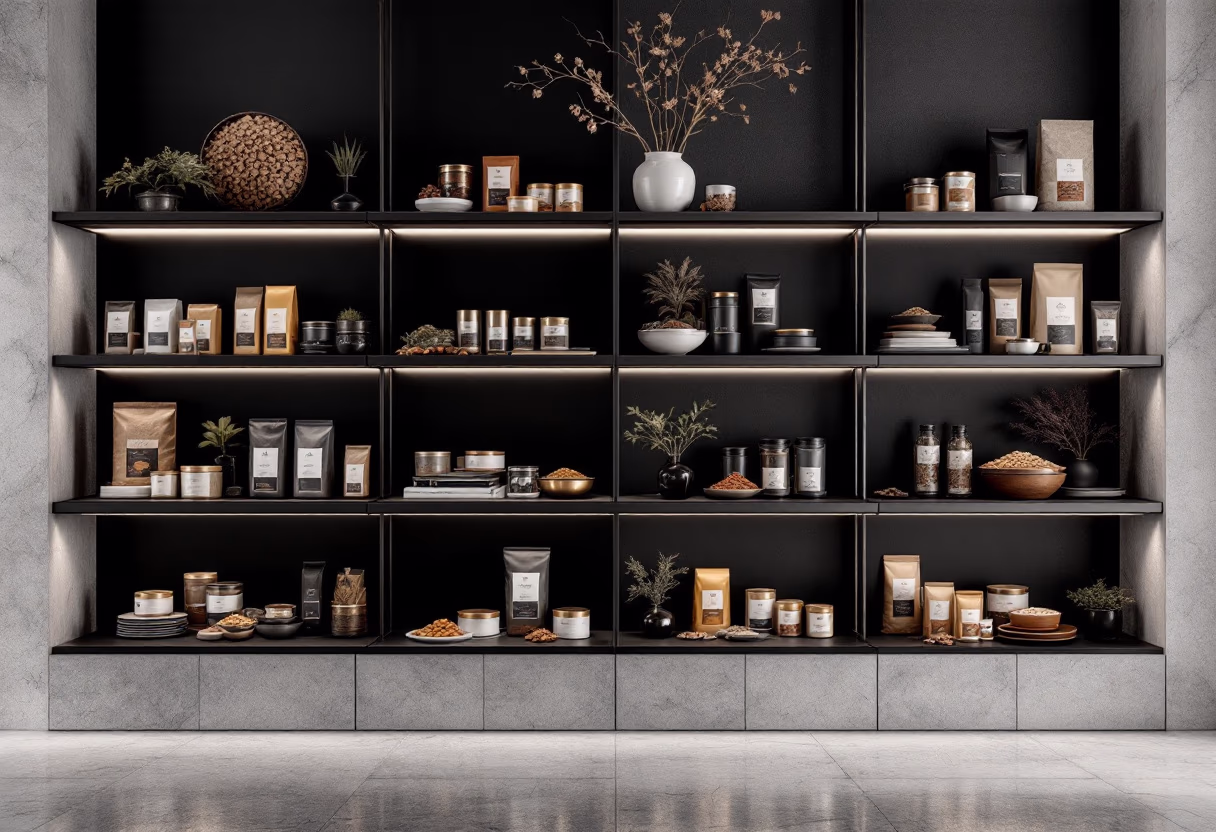 image of various pet food brands on shelves (for a pet store)