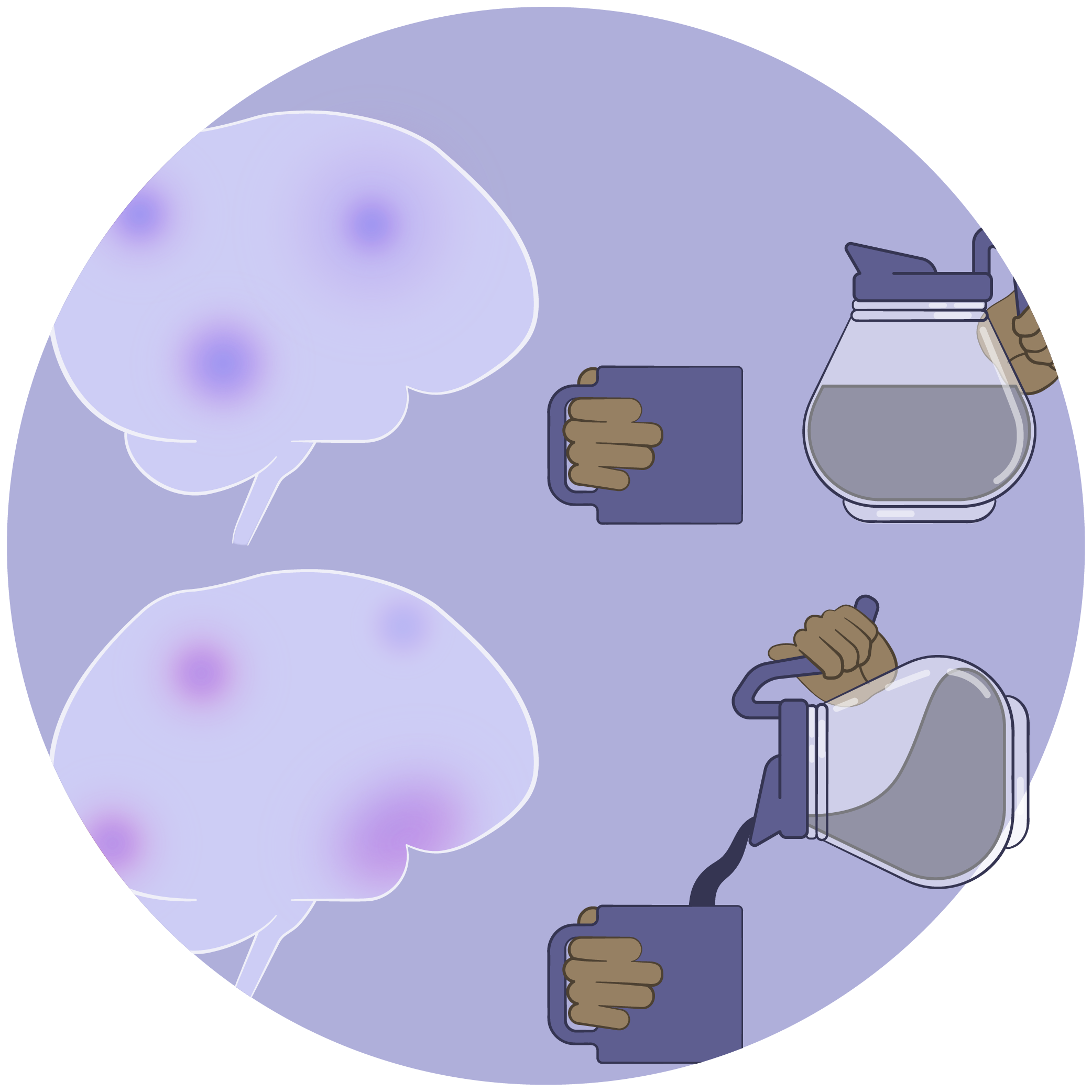 Brain outline with activity pattern next to hands holding a coffee mug and a coffee pot. Below is another brain outline with different activity patterns and hands pouring coffee from pot into mug.