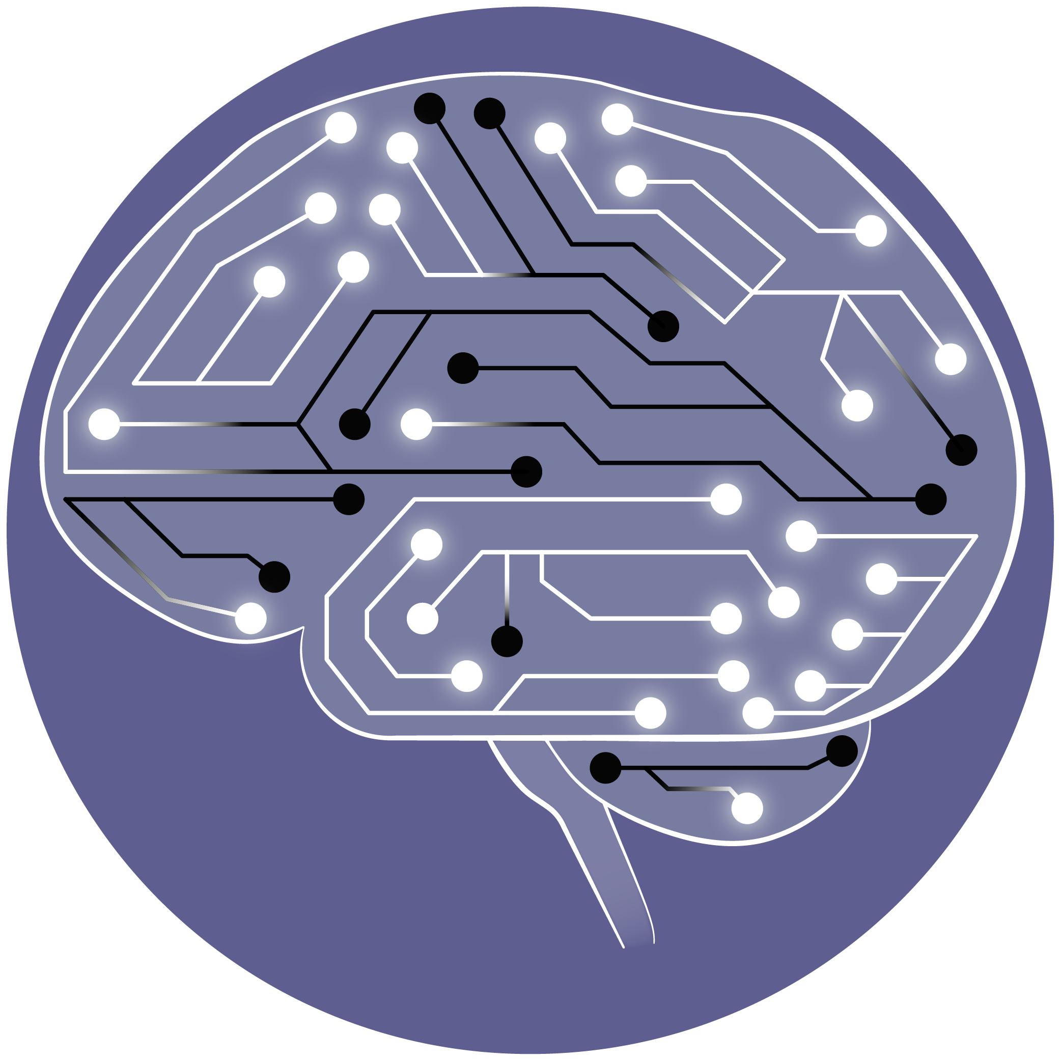 Brain outline overlaid with circuit board pattern of dots and lines, showing neural pathways as connected and disconnected nodes, representing how stroke disrupts brain connectivity.