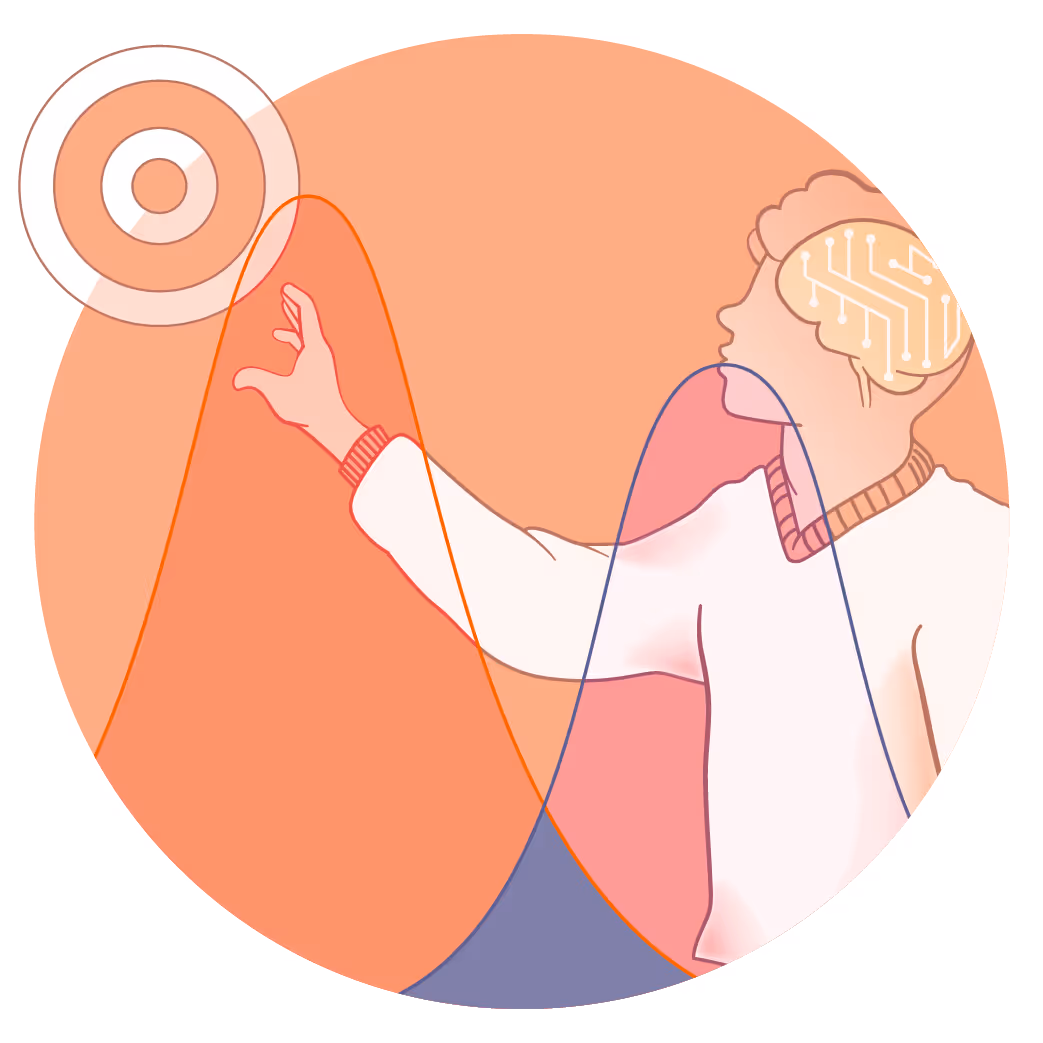 Person with arm raised reaching toward a circular target with brain outline showing circuit pathways overlaid on their head