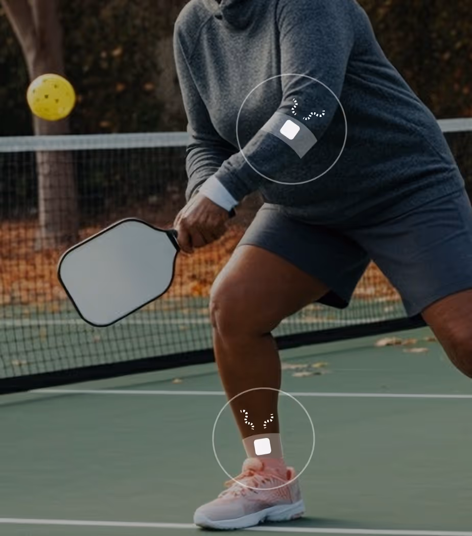 Senior person playing pickleball on outdoor court, focusing on the ball with paddle in hand + Infography showing pain points