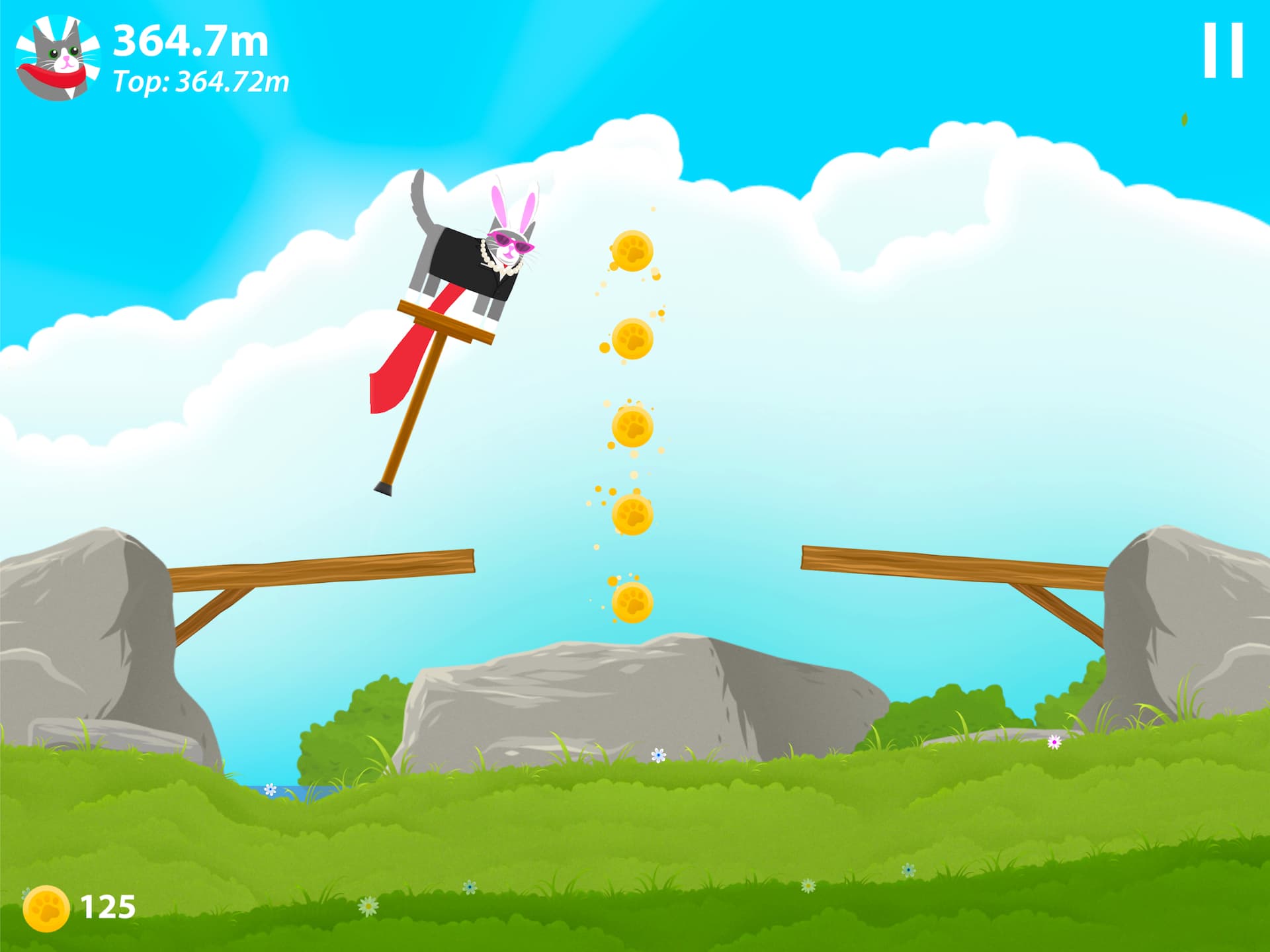 A screenshot from Pogocat. A cat on a pogostick is jumping across a chasm.