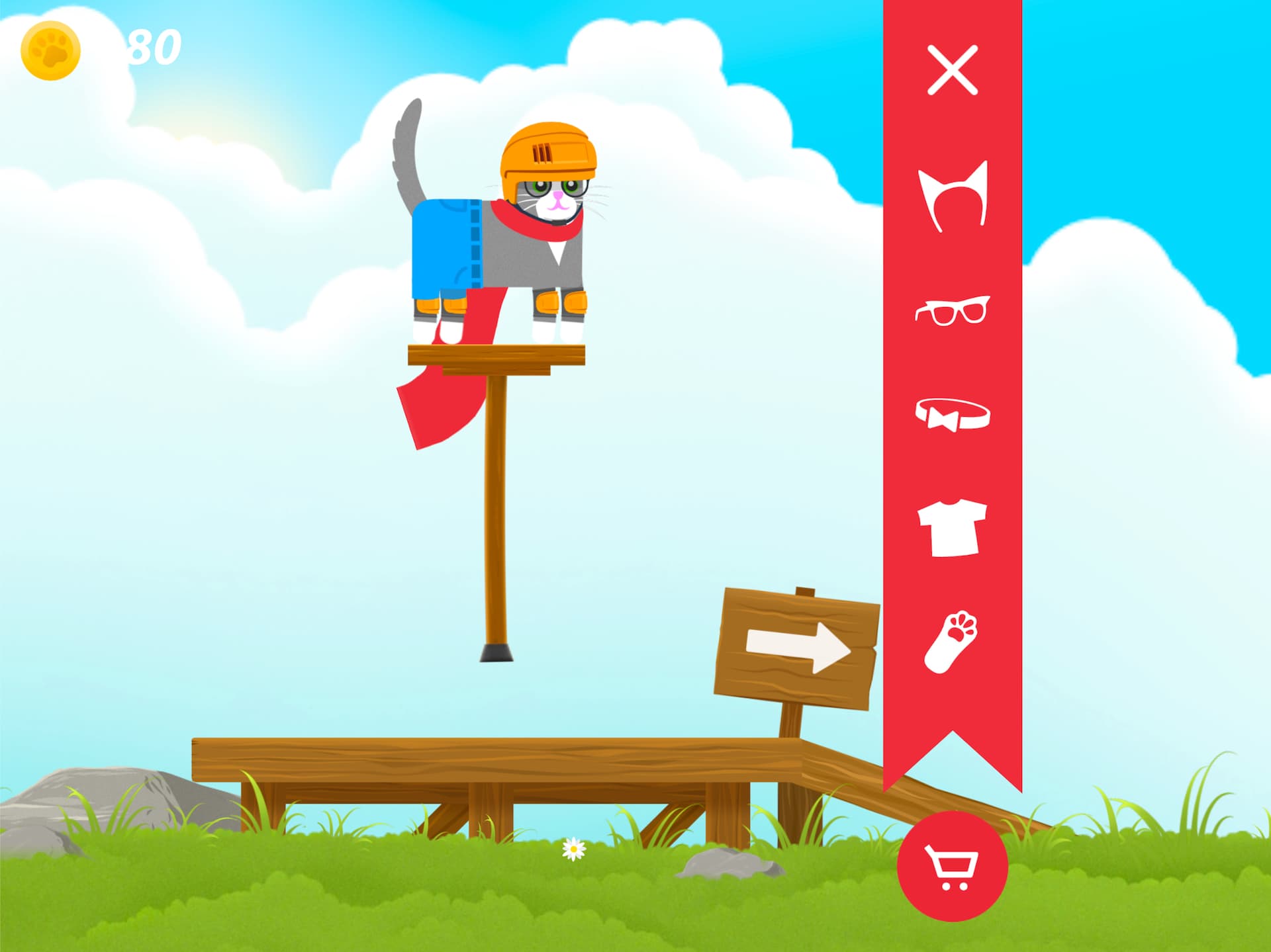 A screenshot from the character creation screen of Pogocat. The cat is being dressed up in a helmet and overalls.