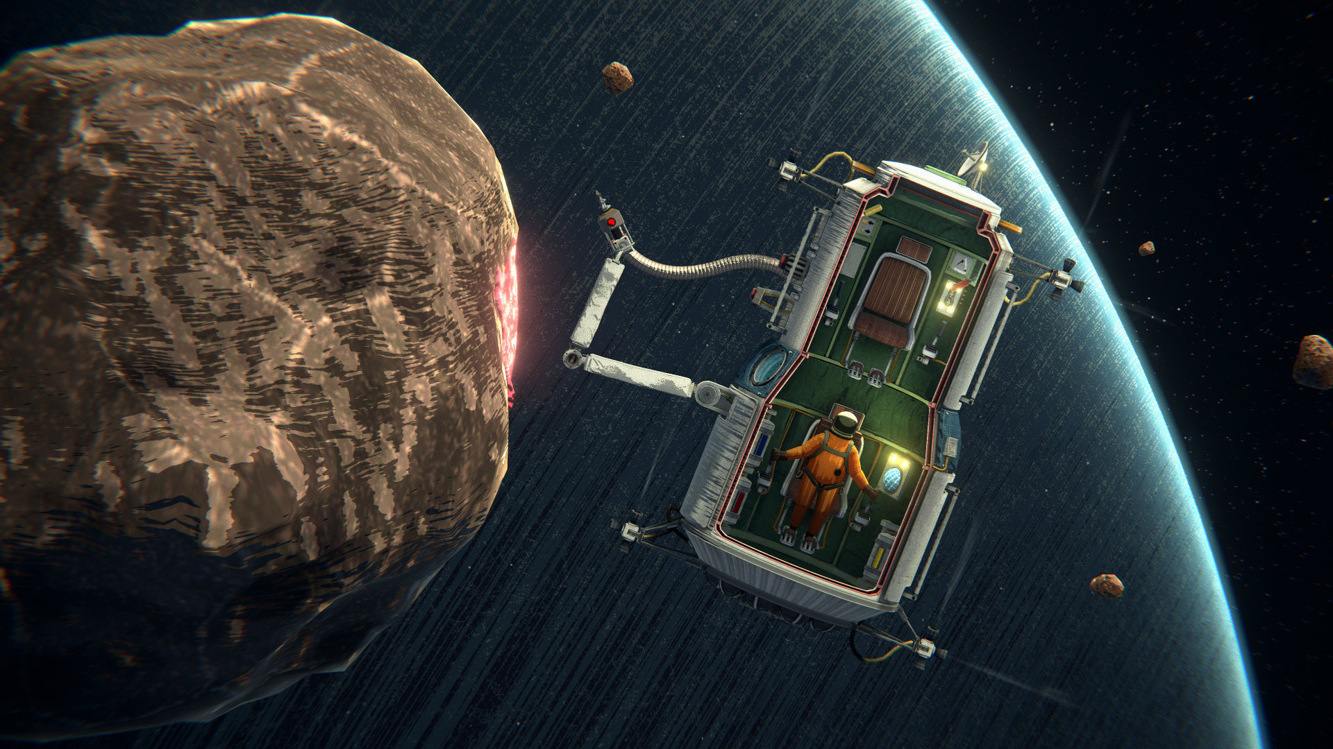 A screenshot from Heavenly Bodies. An astsronaut is using a shuttle to drill into an asteroid.
