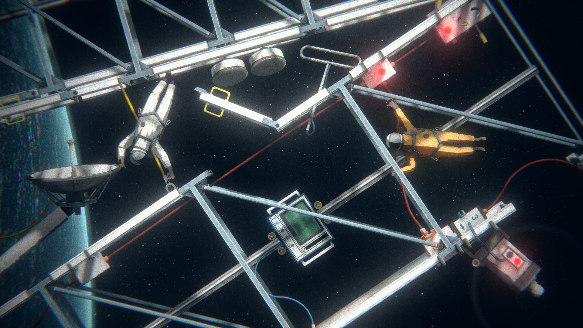 A screenshot from Heavenly Bodies. Two astronauts attempt to assemble a communications tower.