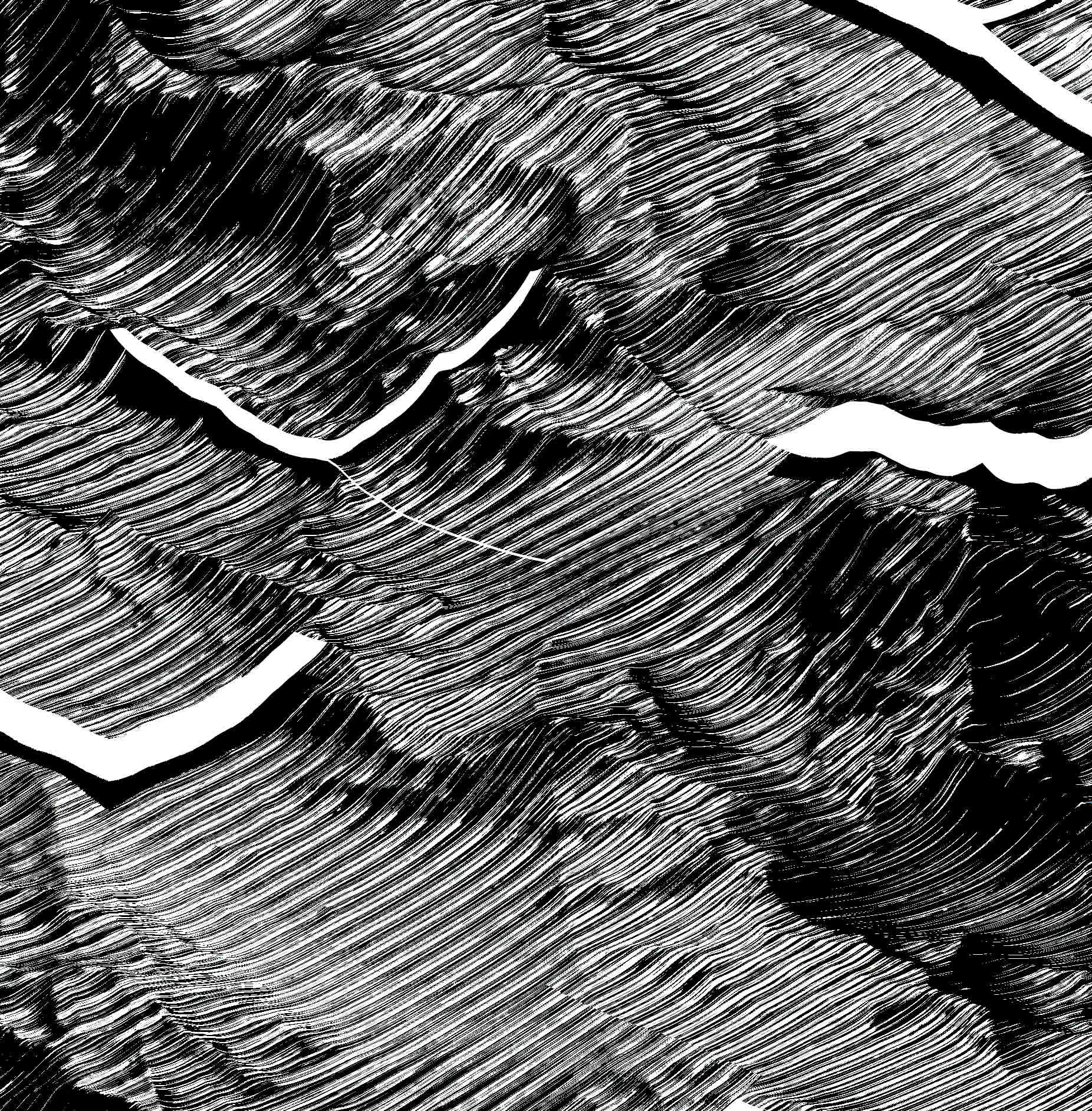A screenshot of an output that the image generator produced. It is a black and white, harsh and rugged landscape like visualisation.