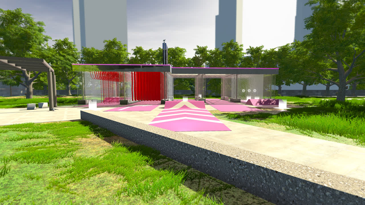 A screenshot of the experience from the exterior section of the environment.