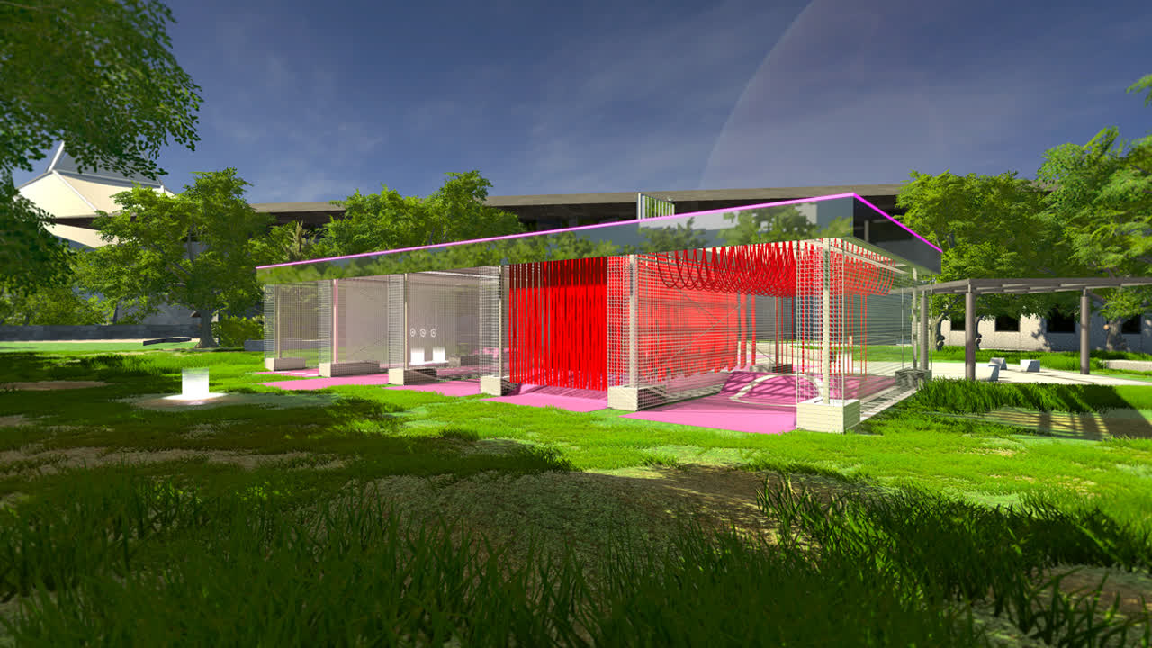 A screenshot of the experience from the exterior section of the environment.