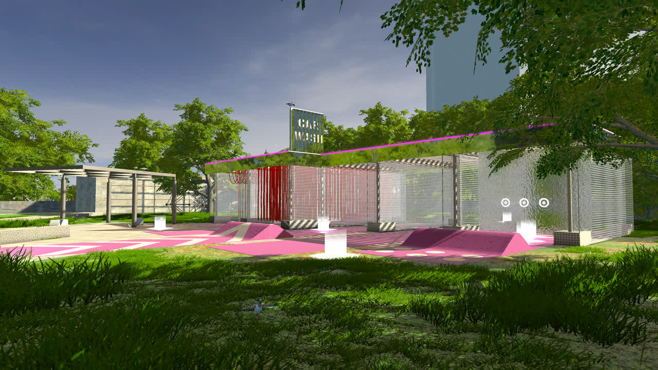A screenshot of the experience from the exterior section of the environment.