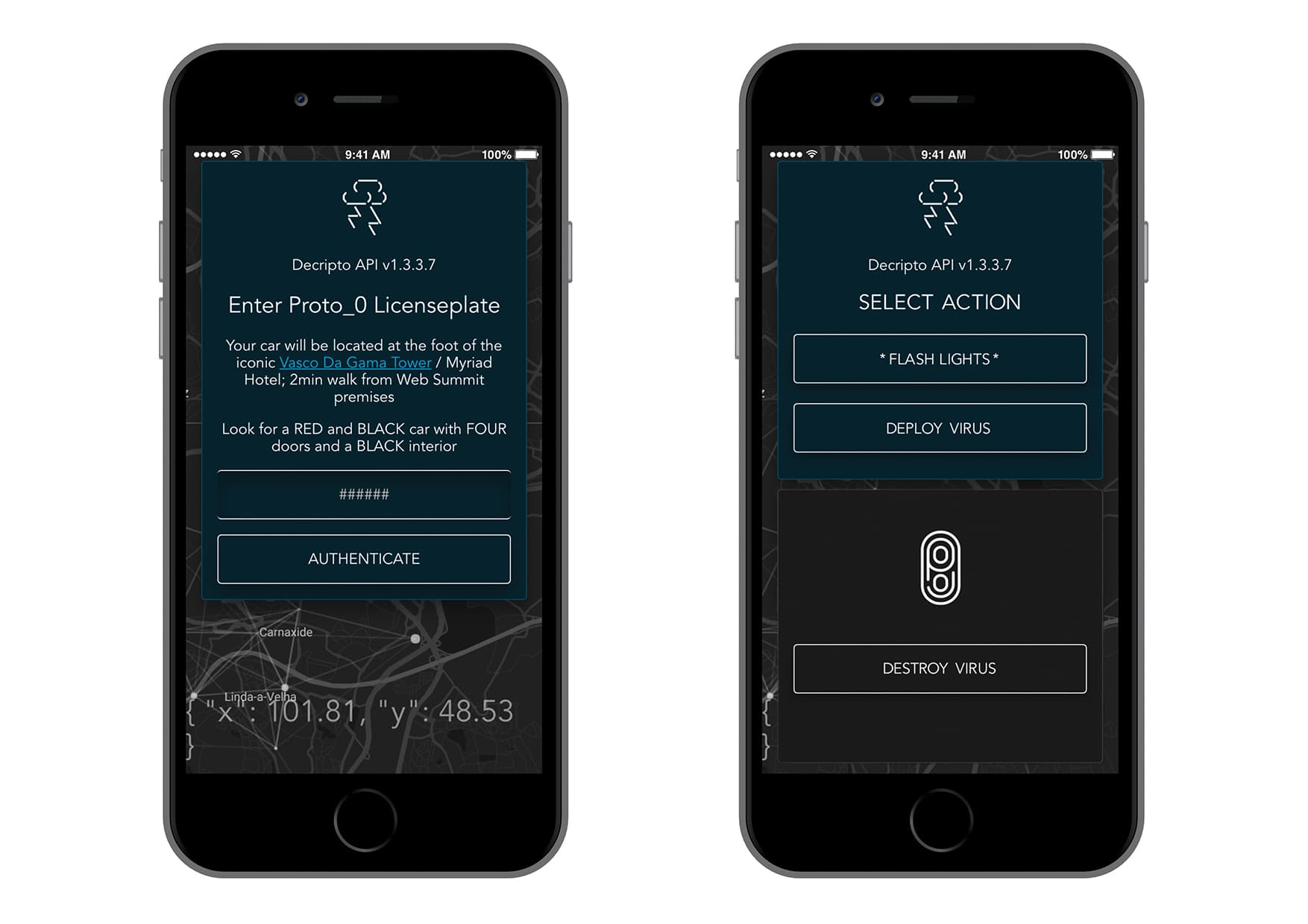 A visualisation of the mobile app component of the game. Players are being prompted to open the Smart Car that they have unlocked remotely via hacking.