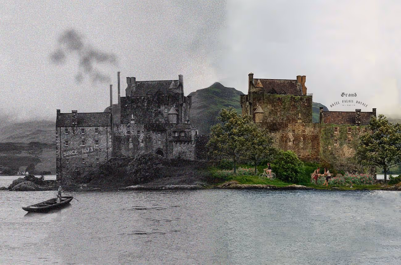 A black and white photo of a castle and a boat.