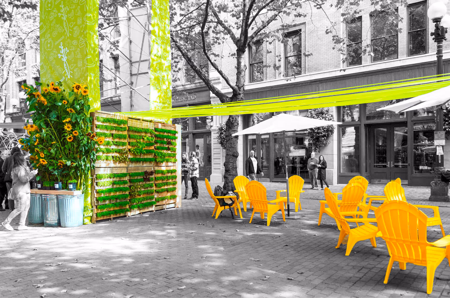 A yellow chair with a green plant in front of it.