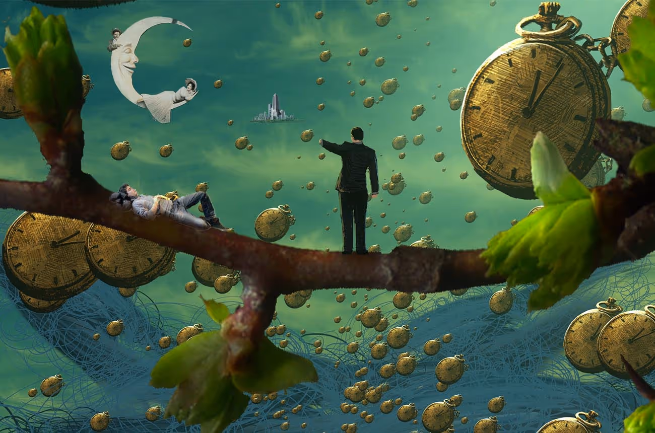 A man standing on a branch in front of a clock.