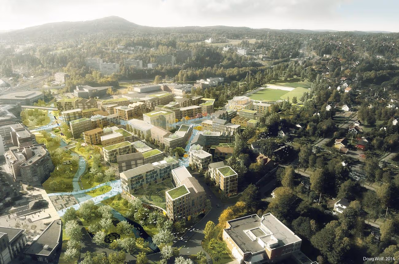 A green city with a river running through it.