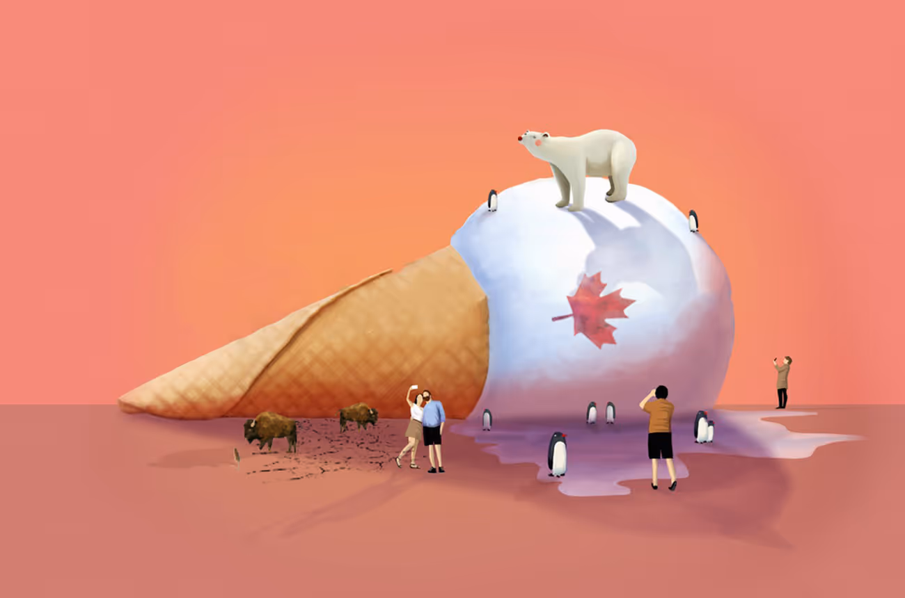 A penguin is standing on a white ice cream cone.