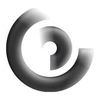 Abstract 3D shape consisting of two dark gray curved, hollow segments arranged in a circular pattern on a black background.