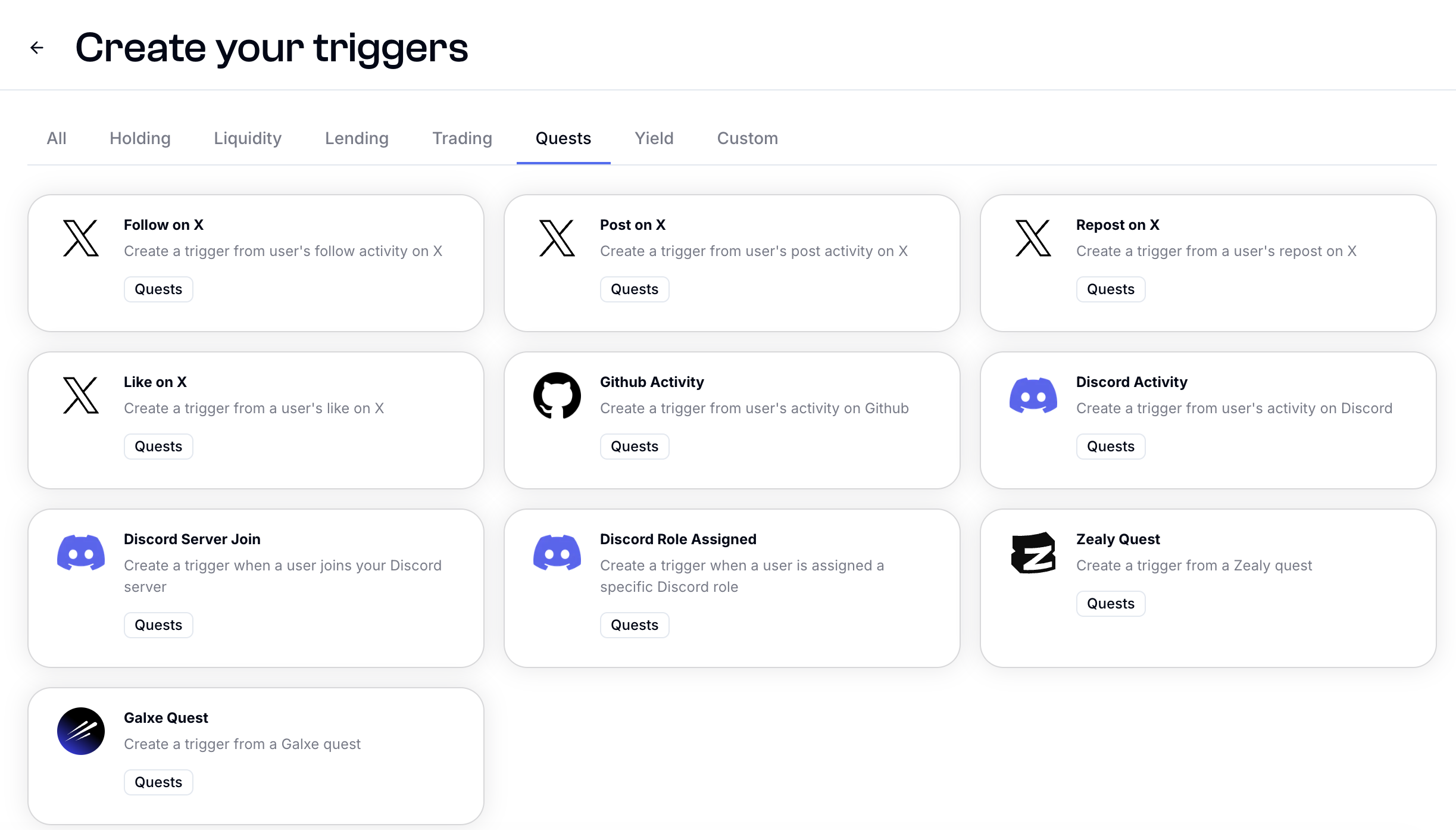 Fuul trigger catalogue showing offchain reward triggers for X, GitHub, Discord, Zealy and Galxe alongside onchain categories