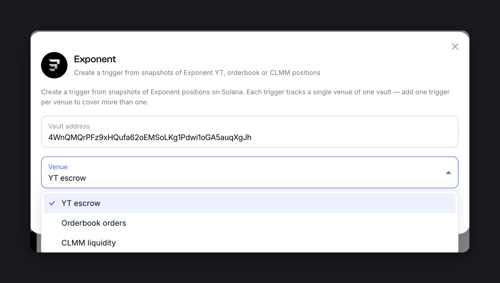Exponent trigger setup with vault address and venue options