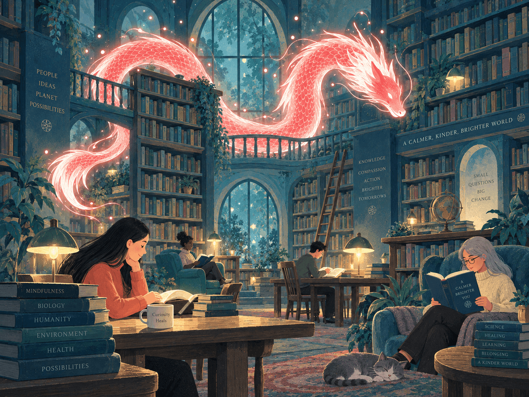 An illustrated library with glowing bookshelves and tall arched windows, where members read in armchairs beneath a luminous red dragon coiling through the hall.