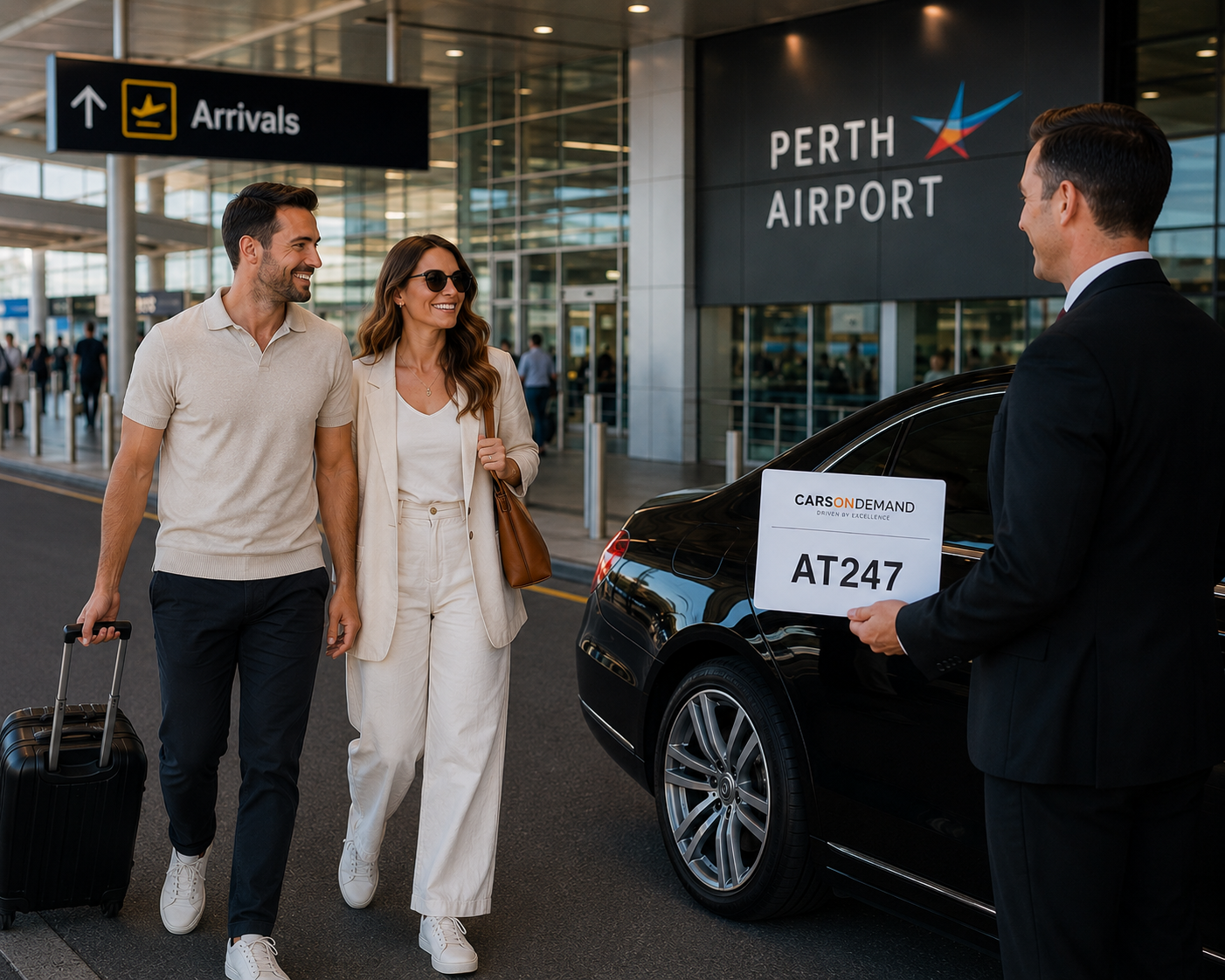 Passenger being greeted beside a chauffeured vehicle