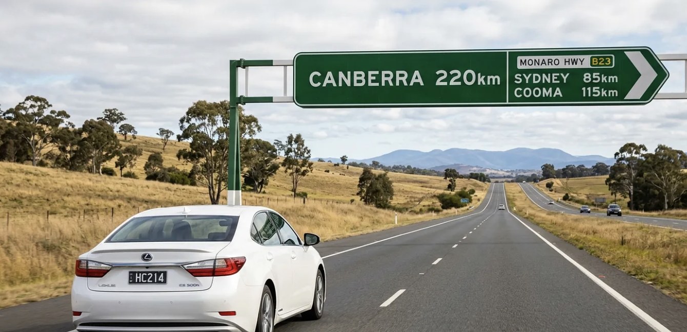 Chauffeur-driven Lexus sedan on the highway to Canberra
