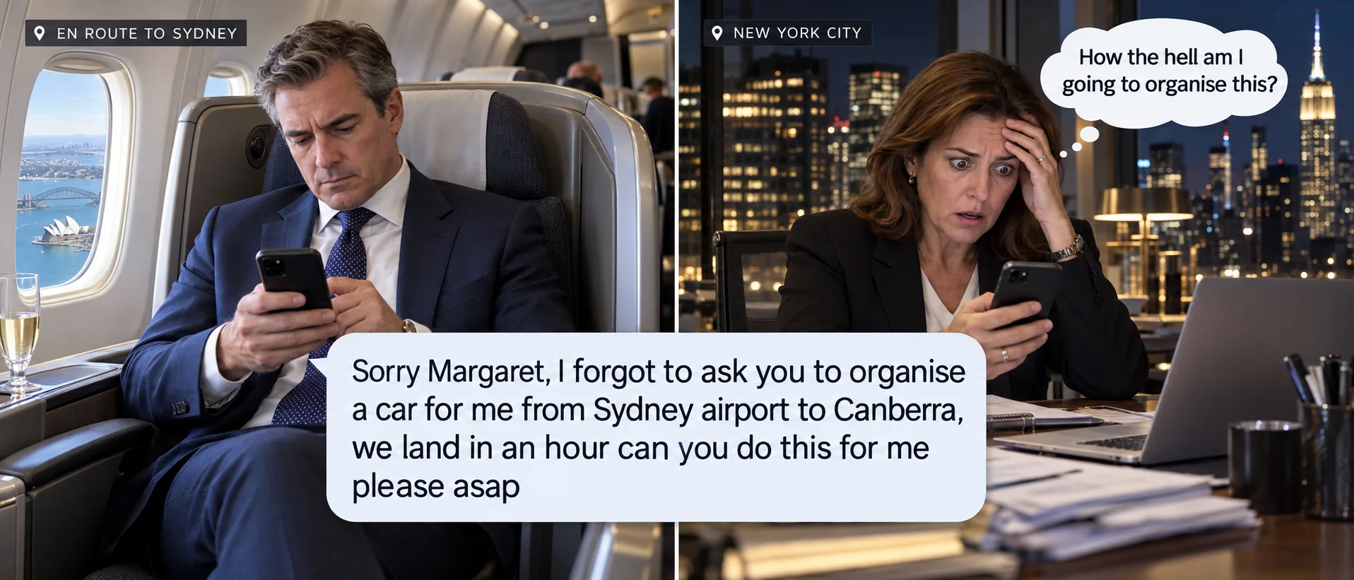 Illustration: an executive on a plane texts his EA in New York asking her to organise a car from Sydney Airport to Canberra within the hour