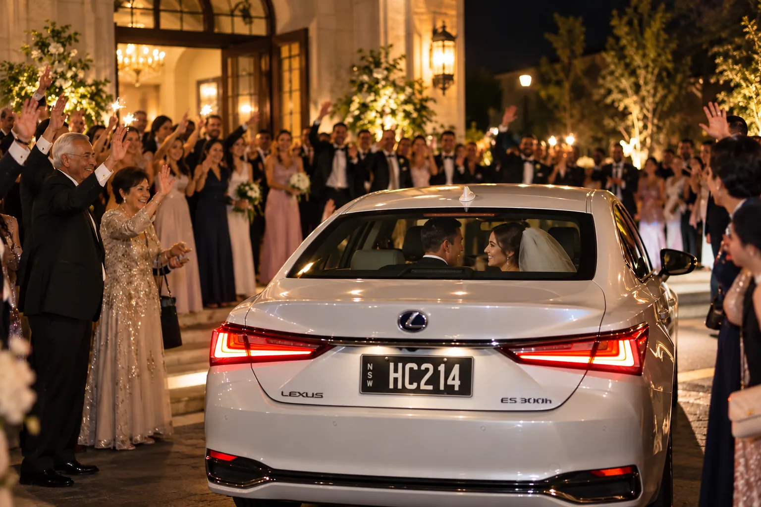Illustration: newlyweds in the back of a white executive sedan as guests wave them off outside the reception