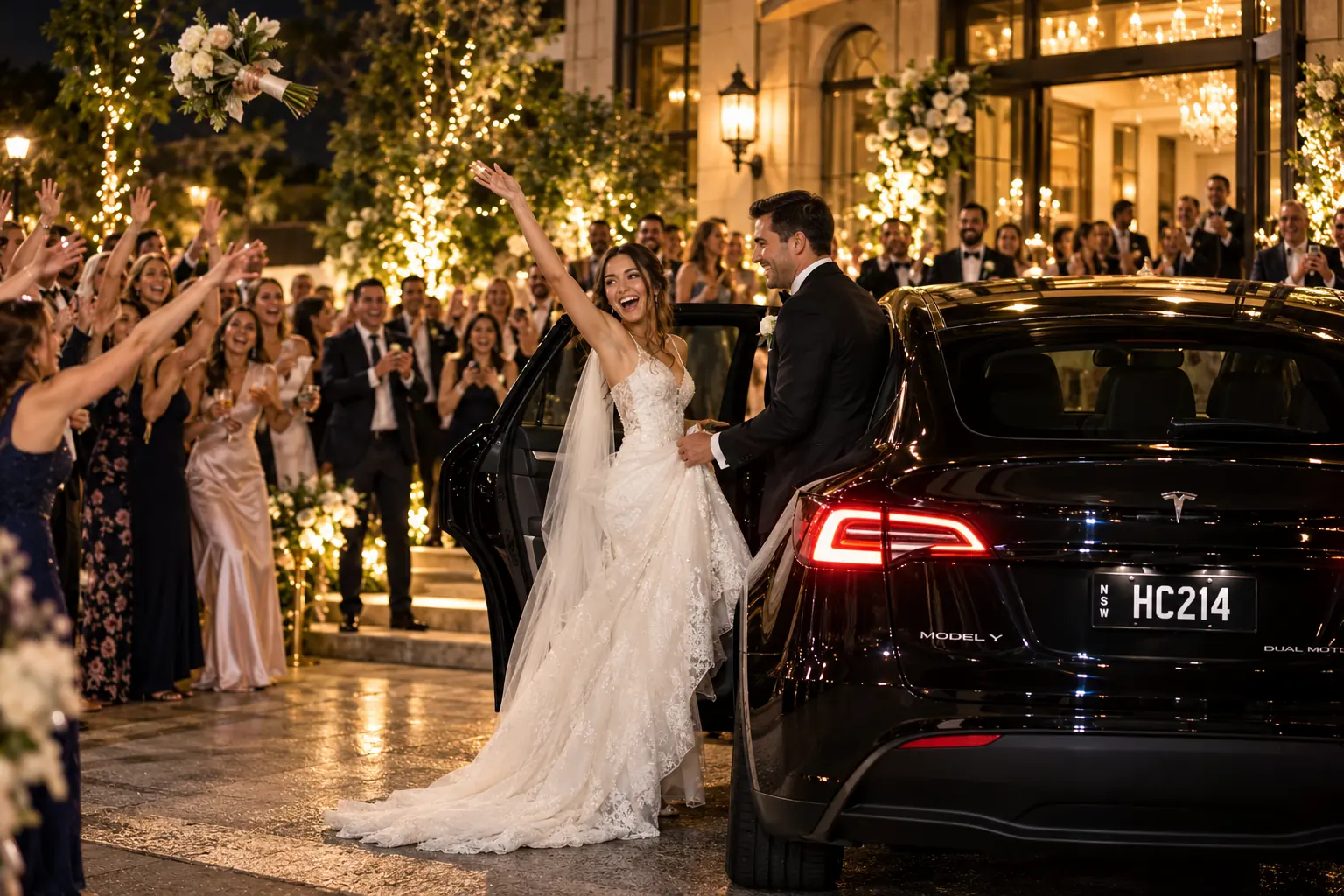 Illustration: a bride waves to guests as the groom helps her into a black car at the end of the reception