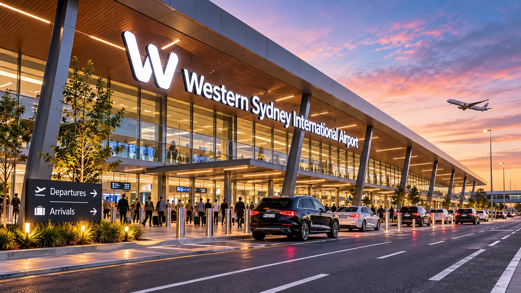 Illustration: cars at the pick-up kerb outside the Western Sydney International Airport terminal at sunset