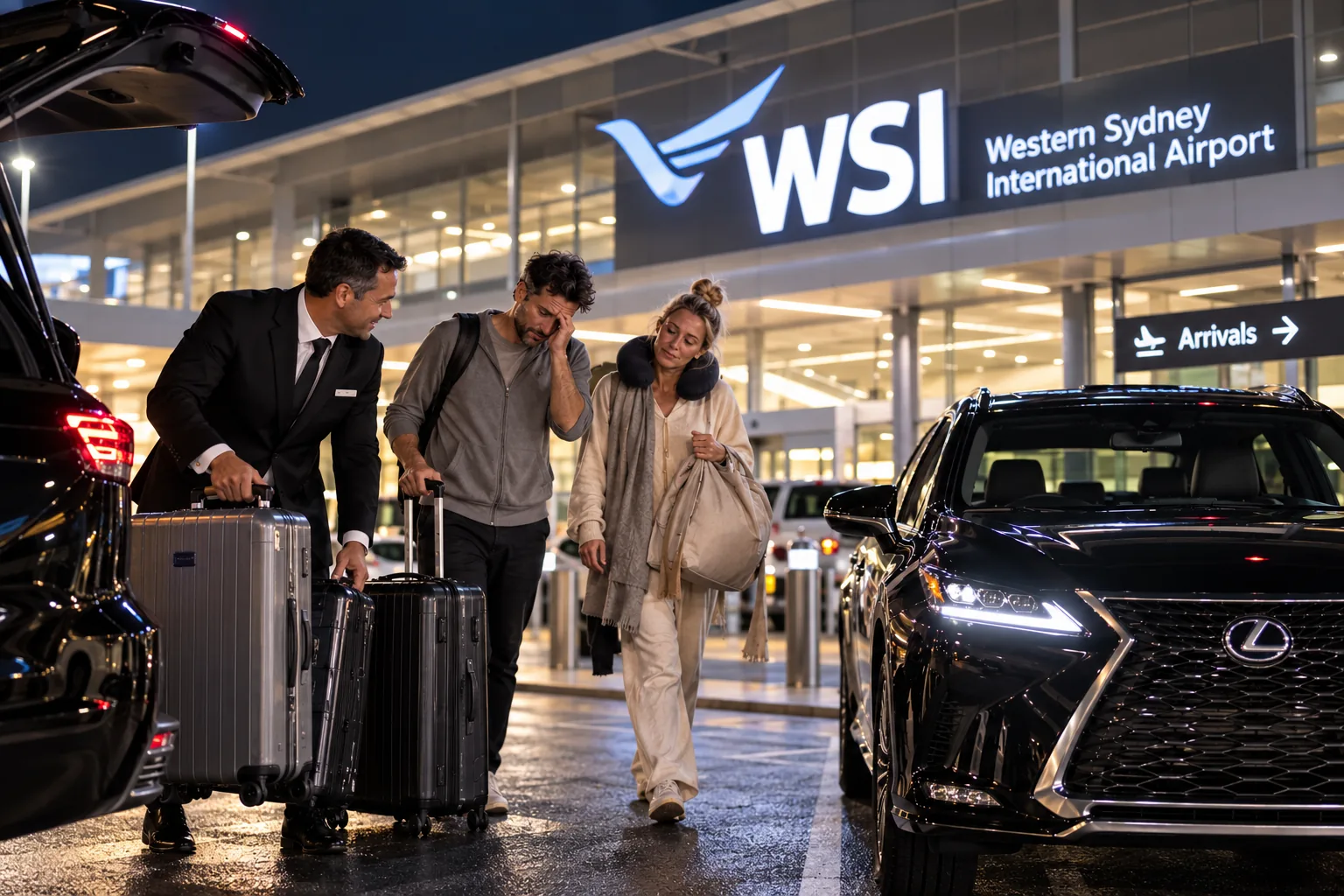 Illustration: a chauffeur loads suitcases into a black SUV for a tired couple outside the WSI terminal at night