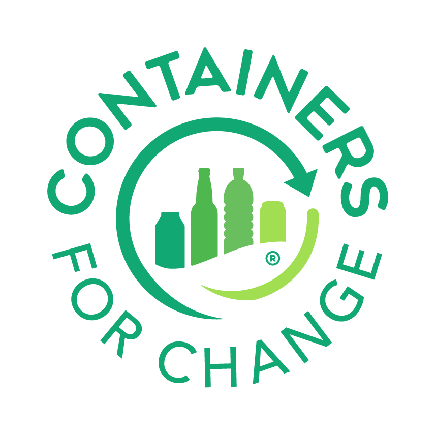 Logo with green arrow circling four different types of beverage containers and the text 'Containers For Change' around it.