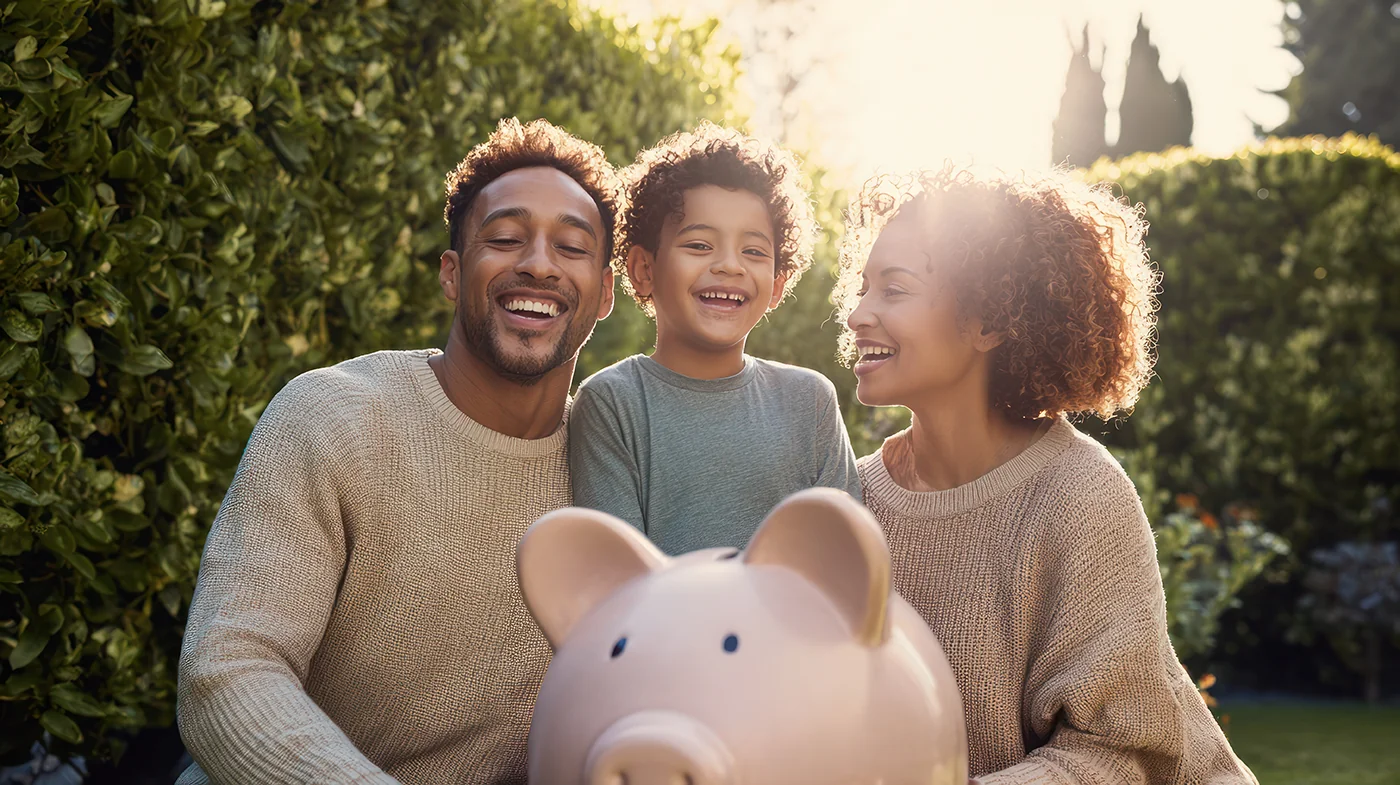 A smiling family sitting outdoors in warm sunlight, holding a large pink piggy bank as a symbol of saving and financial stability.