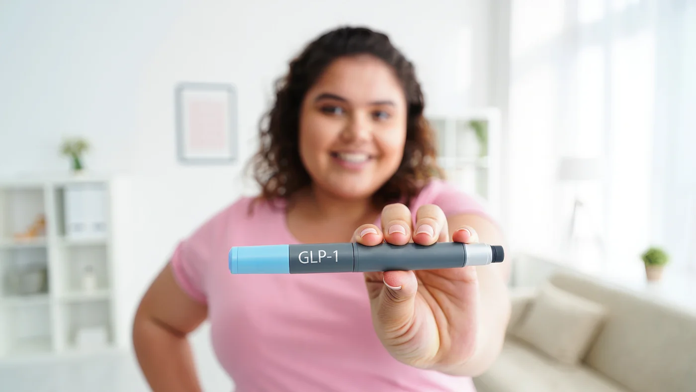 A woman in a pink shirt smiling and holding a GLP-1 medication pen toward the camera in a bright, modern living room.