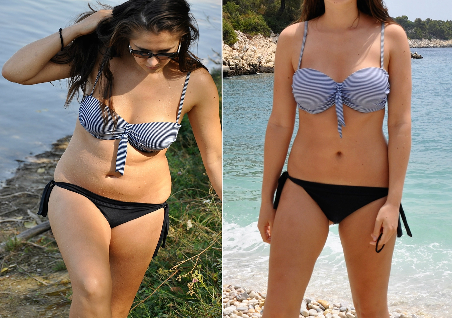Before and After weight loss comparison of women in bathing suit.