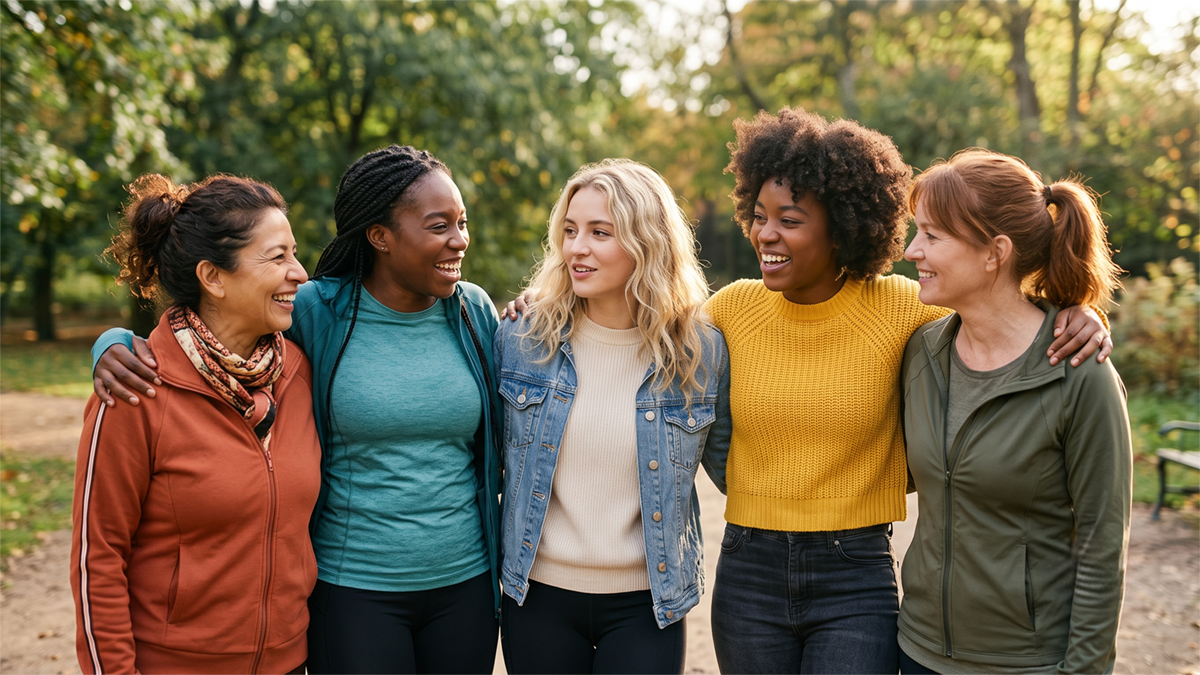 A group of diverse women standing together outdoors, laughing and linking arms while wearing colorful activewear.