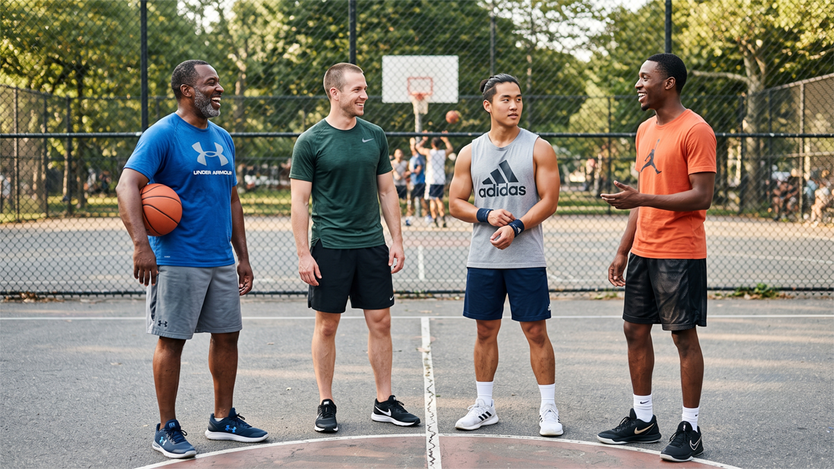 Four men of different ages and backgrounds standing against a wall, smiling after exercise and showing camaraderie.