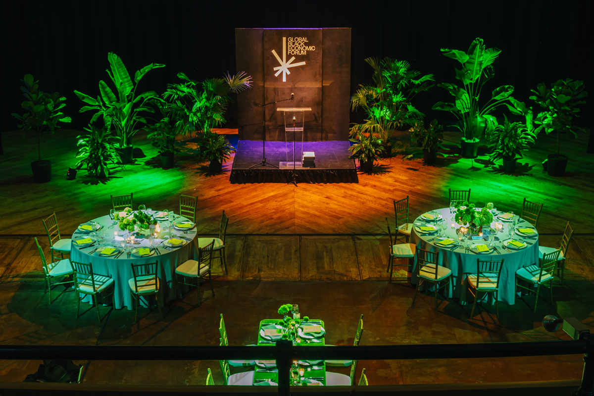 The Future of Health Awards Dinner room at the Orpheum Theater, with banquet tables and a Global Black Economic Forum stage backdrop.