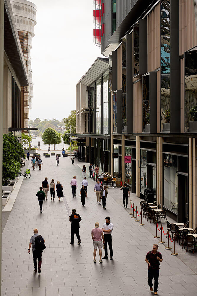 Build Mall in Sydney, with people walking through and gathering.