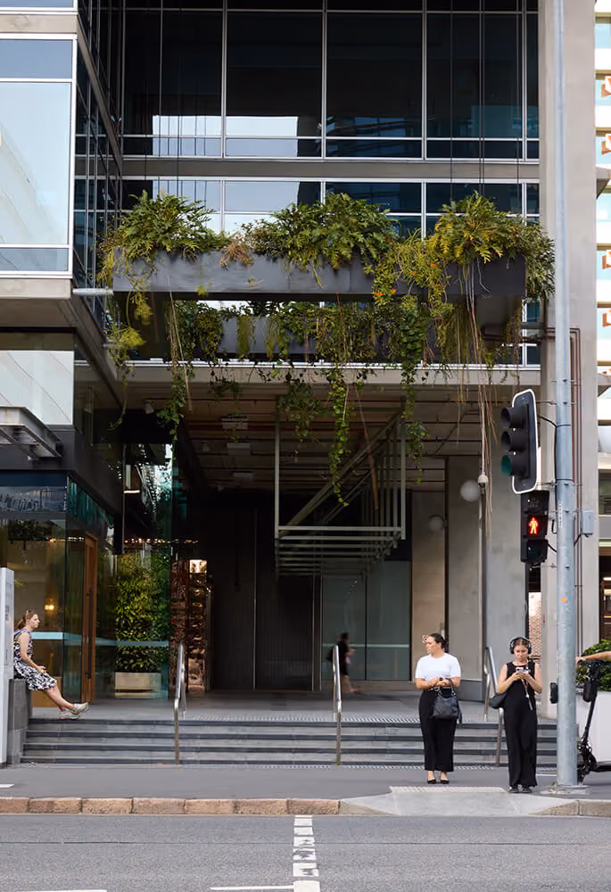 Modern building entrance with hanging plants above, and three people near steps and crosswalk, one sitting and two standing.