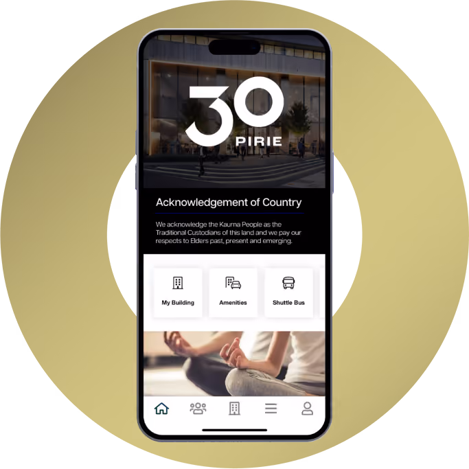 Smartphone screen showing the 30 Pirie app with Acknowledgement of Country text recognizing the Kaurna People as Traditional Custodians and respect for Elders past, present, and emerging. The app interface includes buttons for My Building, Amenities, and Shuttle Bus, with navigation icons at the bottom and a peaceful image of a person meditating in a cross-legged position.