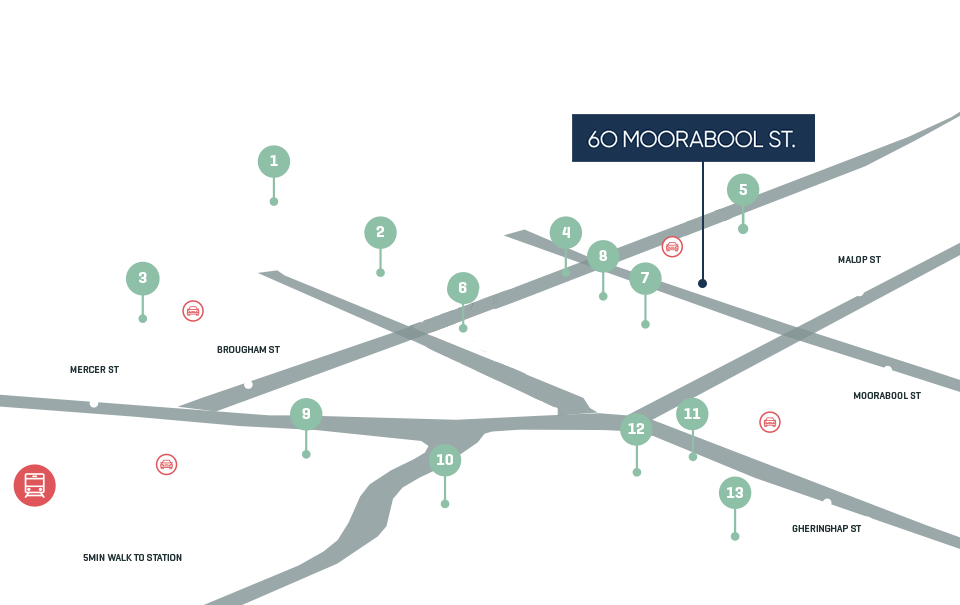 Simplified street map highlighting 60 Moorabool Street with a blue label and pin, showing nearby streets including Mercer St, Brougham St, Malop St, Moorabool St, and Gheringhap St, along with numbered points from 1 to 13 around the area, icons indicating car locations, and a bus icon with a note stating 5-minute walk to station.