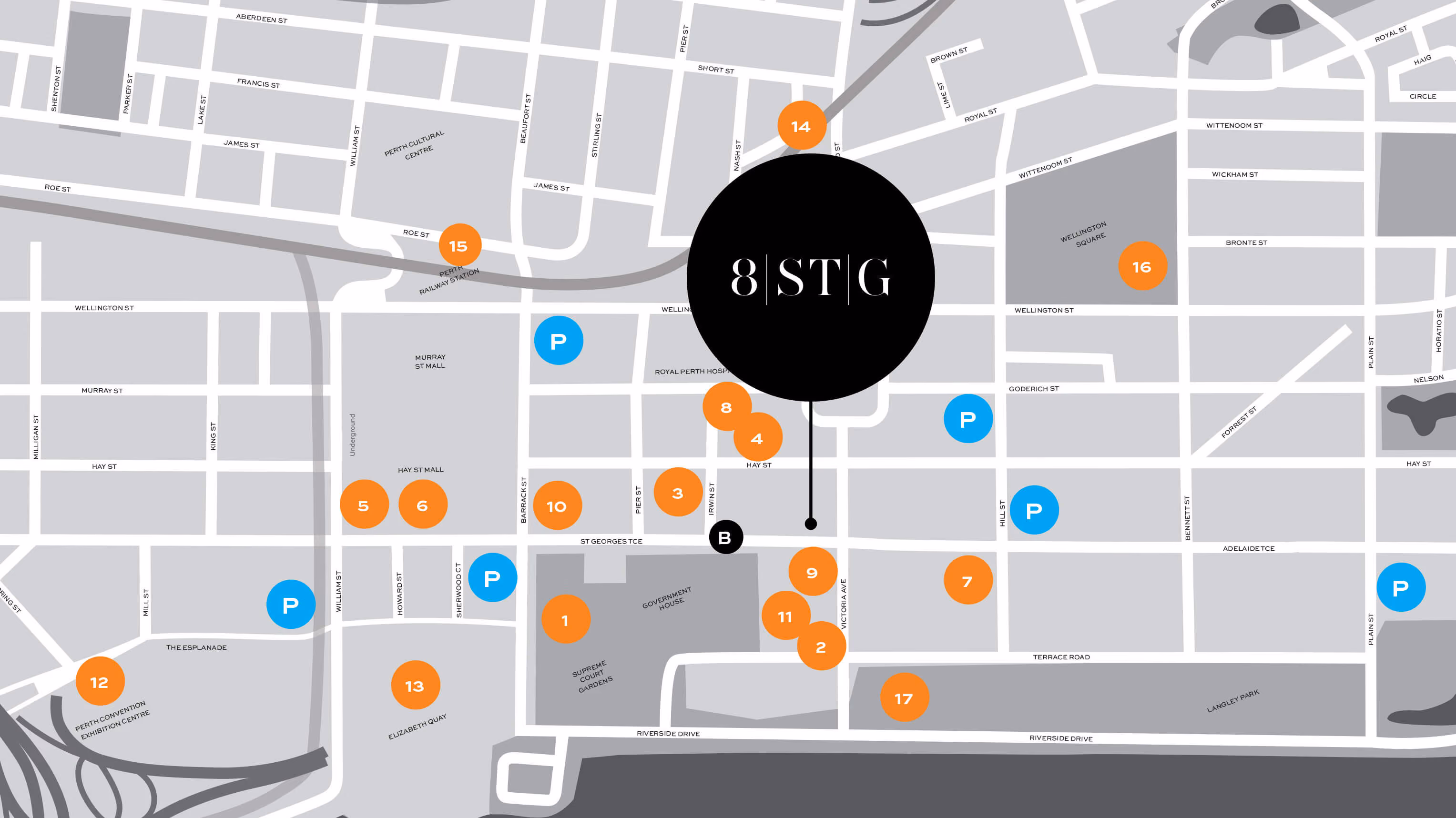 Map highlighting the location of 8 ST G with a large black circle and label in the center, surrounded by numbered orange circles marking points of interest around streets such as Hay St, Terrace Road, Wellington St, and Riverside Drive, with several blue P icons indicating parking areas in the vicinity.