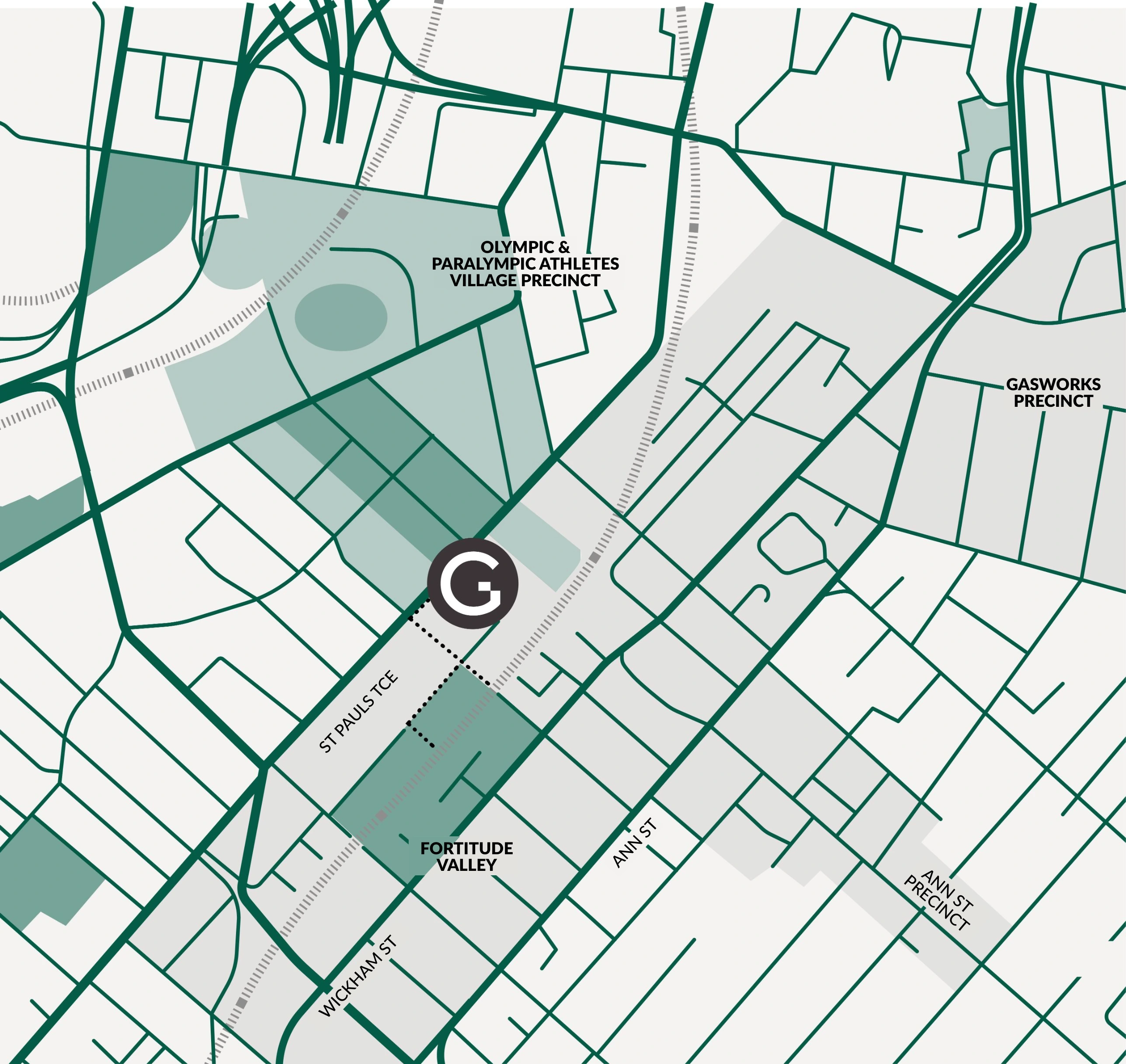 Map of Fortitude Valley and Bowen Hills showing Green Square North Tower and nearby transport, dining, hotels and landmarks