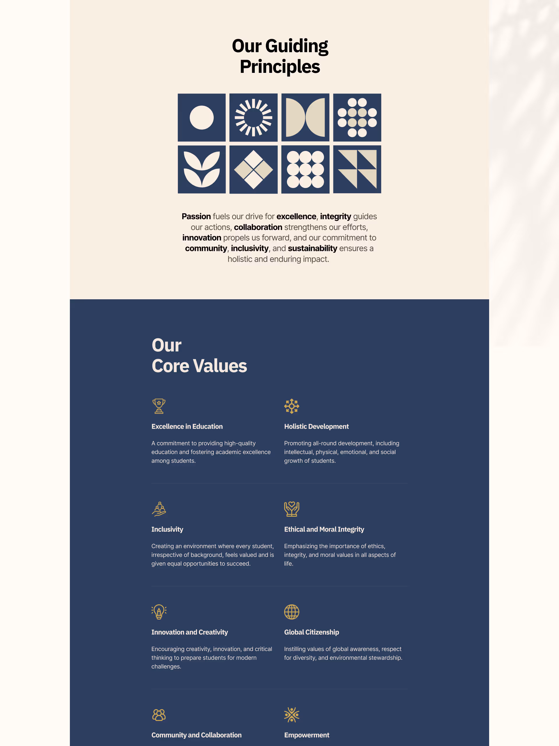 Priyadarshani School Pune website core values and guiding principles section with icons for excellence, inclusivity, innovation, and global citizenship. Clean responsive design for school website.